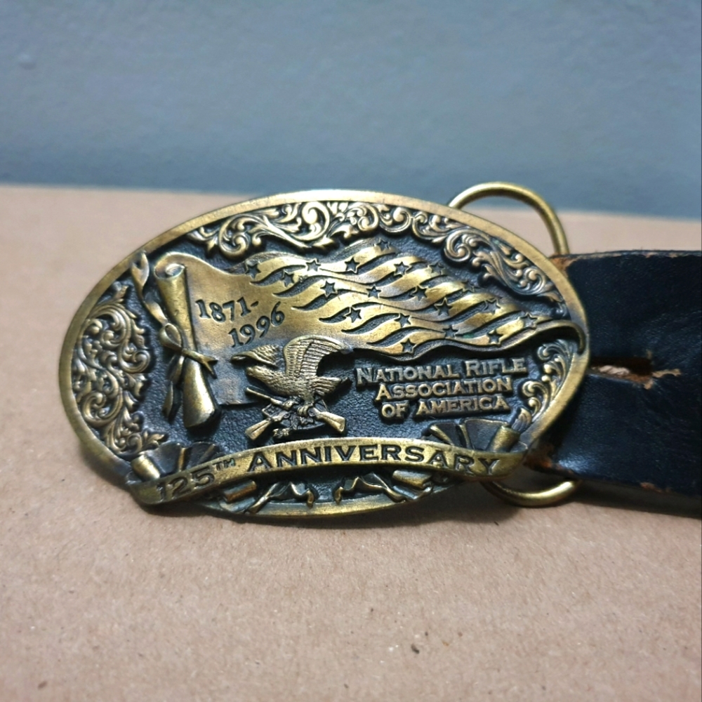Vintage NRA 125th anniversary belt buckle w/ leather belt